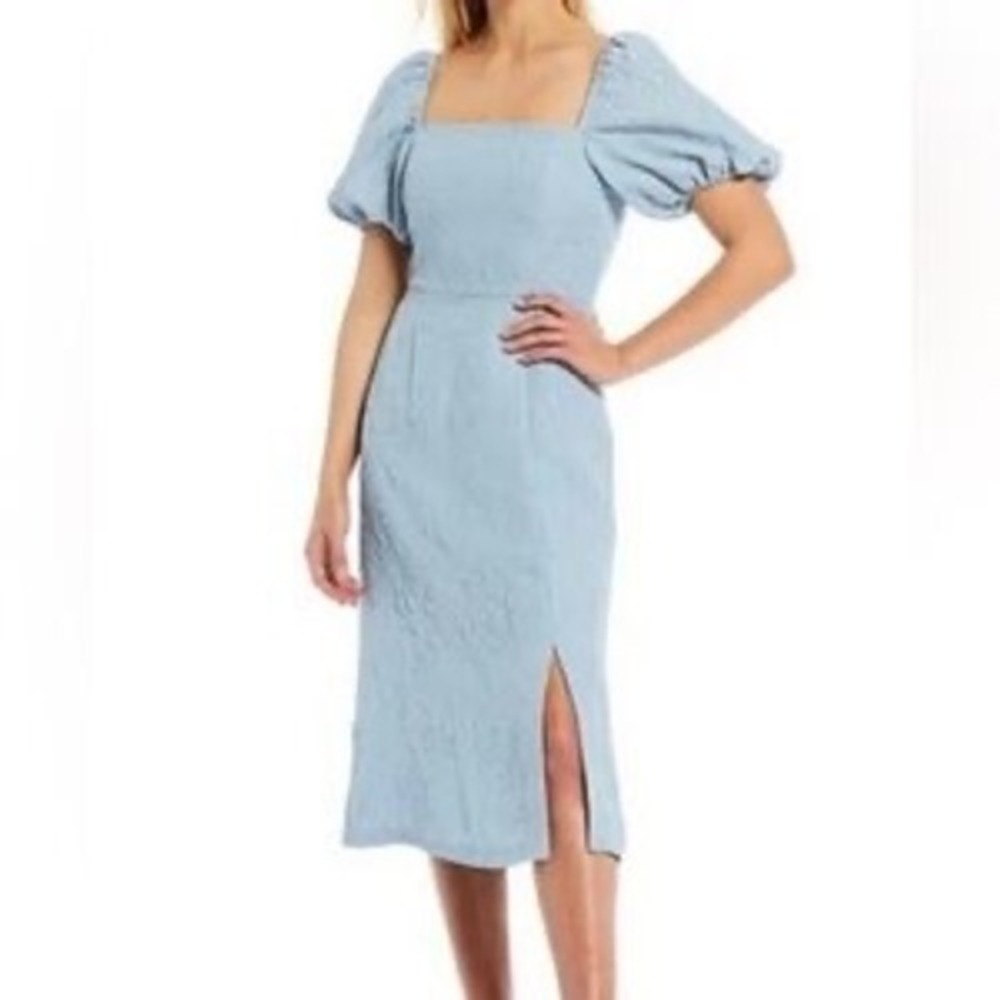 Sachin & Babi Womens Nora Midi Dress‎ 12 Blue Floral Jacquard Puff Sleeve Slit